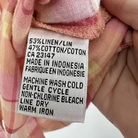 Talbots Shirt Womens Medium Plaid Irish Linen Blend 3/4 Sleeve Button Up Blouse - Picture 7 of 11